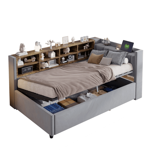 Sofá-cama 90x200 cm - Com armazenamento hidráulico, luz noturna, portas USB e Type-C, prateleiras e compartimentos, cabeceira acolchoada, cama multifuncional - Cinza claro