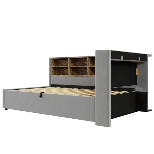 Sofá-cama 90x200 cm - Com armazenamento hidráulico, luz noturna, portas USB e Type-C, prateleiras e compartimentos, cabeceira acolchoada, cama multifuncional - Cinza claro