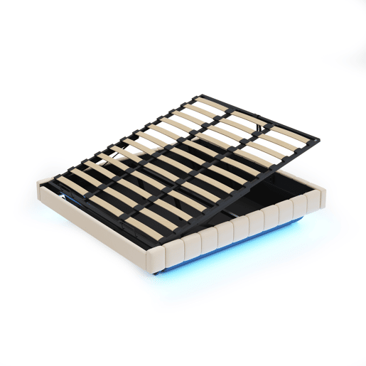 Cama estofada 180x200 cm - Estrutura flutuante hidráulica com arrumação, cama multifuncional sem cabeceira com luz LED - Bege