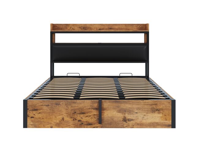 Cama 180x200 - con elevación hidráulica, usb, cabecero acolchado, diseño vintage madera y metal, con almacenamiento oculto - negra