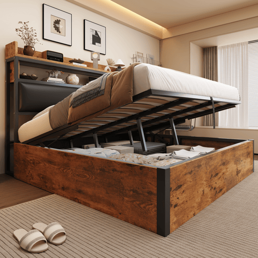 Cama 180x200 - Com elevação hidráulica, USB, cabeceira acolchoada, design vintage em madeira e metal, com arrumação oculta - Preta