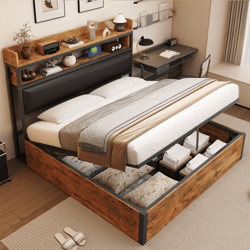 Cama 180x200 - Com elevação hidráulica, USB, cabeceira acolchoada, design vintage em madeira e metal, com arrumação oculta - Preta