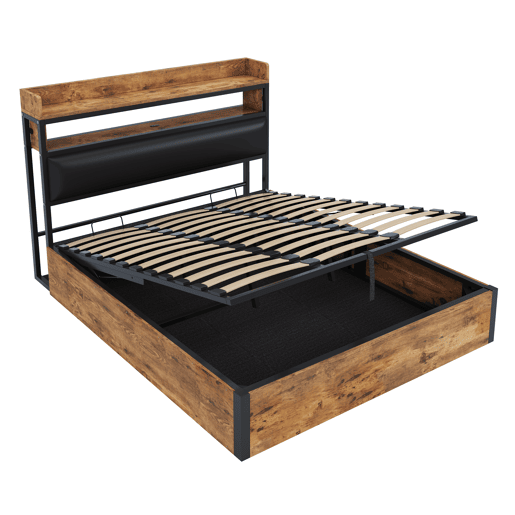 Cama 180x200 - Com elevação hidráulica, USB, cabeceira acolchoada, design vintage em madeira e metal, com arrumação oculta - Preta