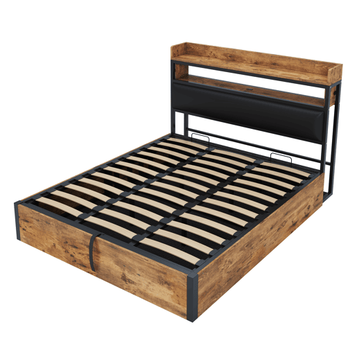 Cama 180x200 - Com elevação hidráulica, USB, cabeceira acolchoada, design vintage em madeira e metal, com arrumação oculta - Preta