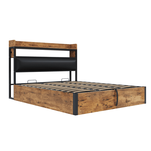 Cama 180x200 - Com elevação hidráulica, USB, cabeceira acolchoada, design vintage em madeira e metal, com arrumação oculta - Preta