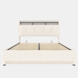 Estrutura de cama estofada 140x200 cm - Com iluminação LED, porta de carregamento USB tipo C, arrumação debaixo da cama e cabeceira com arrumação - Bege