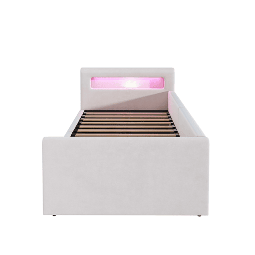 Cama infantil 90x200 cm - Com luz LED, luz noturna, porta USB, prateleira, armazenamento hidráulico, cama individual simples - Bege