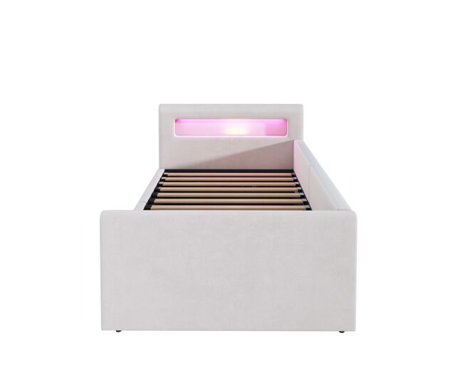 Cama infantil 90x200 cm - con luz led, luz nocturna, puerto usb, estante, almacenamiento hidráulico, cama individual simple - beige