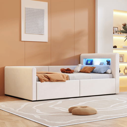 Cama infantil 90x200 cm - Com luz LED, luz noturna, porta USB, prateleira, armazenamento hidráulico, cama individual simples - Bege