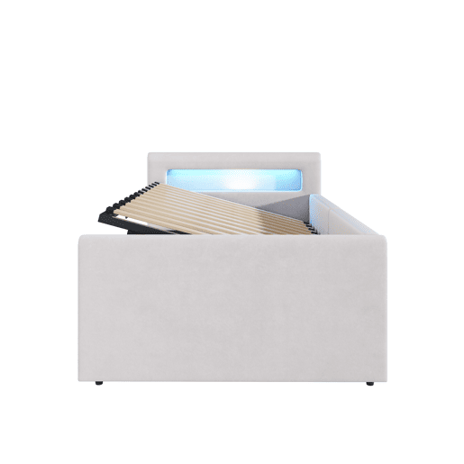 Cama infantil 90x200 cm - Com luz LED, luz noturna, porta USB, prateleira, armazenamento hidráulico, cama individual simples - Bege