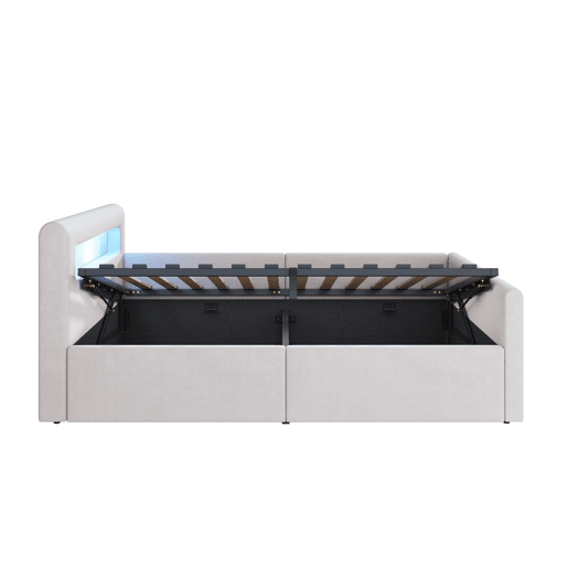 Cama infantil 90x200 cm - Com luz LED, luz noturna, porta USB, prateleira, armazenamento hidráulico, cama individual simples - Bege