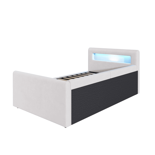 Cama infantil 90x200 cm - Com luz LED, luz noturna, porta USB, prateleira, armazenamento hidráulico, cama individual simples - Bege