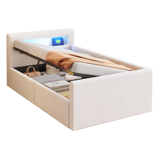 Cama infantil 90x200 cm - Com luz LED, luz noturna, porta USB, prateleira, armazenamento hidráulico, cama individual simples - Bege