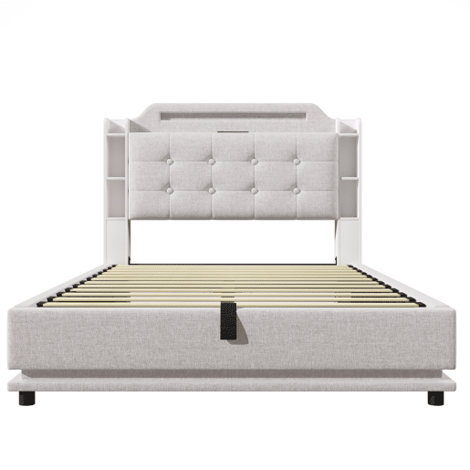Cama estofada 140*200 cm - Com barra LED, espaço de armazenamento hidráulico, vários compartimentos, sem colchão, USB + TYPE-C - Bege