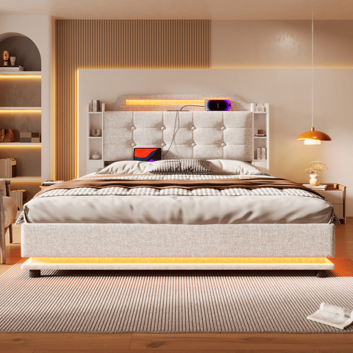Cama estofada 140*200 cm - Com barra LED, espaço de armazenamento hidráulico, vários compartimentos, sem colchão, USB + TYPE-C - Bege