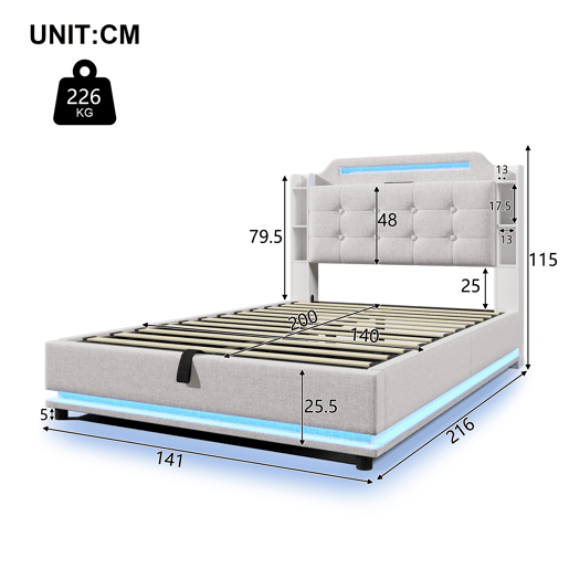 Cama estofada 140*200 cm - Com barra LED, espaço de armazenamento hidráulico, vários compartimentos, sem colchão, USB + TYPE-C - Bege