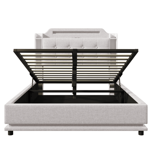 Cama estofada 140*200 cm - Com barra LED, espaço de armazenamento hidráulico, vários compartimentos, sem colchão, USB + TYPE-C - Bege