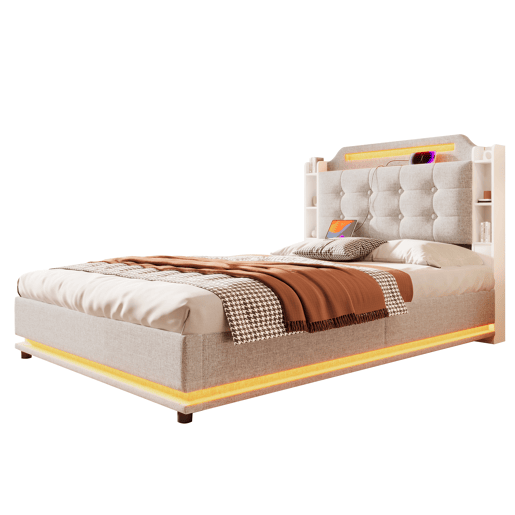 Cama estofada 140*200 cm - Com barra LED, espaço de armazenamento hidráulico, vários compartimentos, sem colchão, USB + TYPE-C - Bege