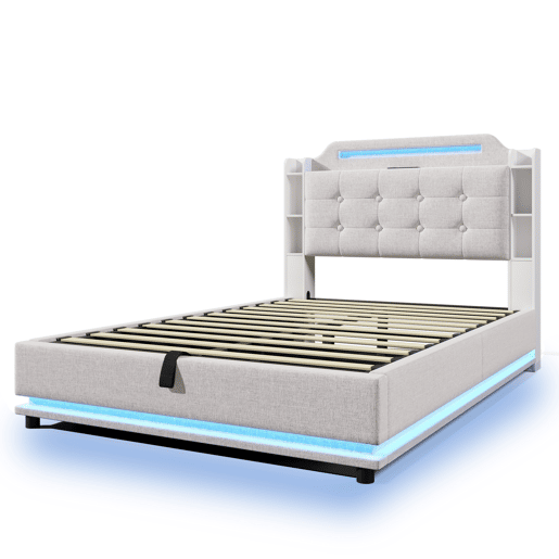 Cama estofada 140*200 cm - Com barra LED, espaço de armazenamento hidráulico, vários compartimentos, sem colchão, USB + TYPE-C - Bege
