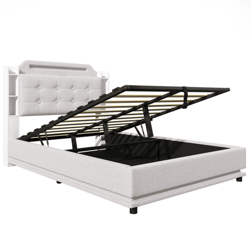 Cama estofada 140*200 cm - Com barra LED, espaço de armazenamento hidráulico, vários compartimentos, sem colchão, USB + TYPE-C - Bege