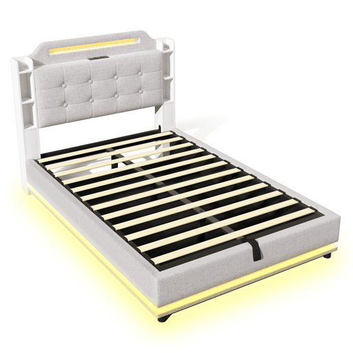 Cama estofada 140*200 cm - Com barra LED, espaço de armazenamento hidráulico, vários compartimentos, sem colchão, USB + TYPE-C - Bege