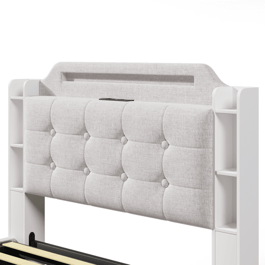 Cama estofada 140*200 cm - Com barra LED, espaço de armazenamento hidráulico, vários compartimentos, sem colchão, USB + TYPE-C - Bege