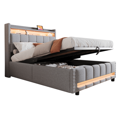 Cama estofada 140*200 - com LED, USB, cabeceira com prateleiras e arrumação, hidráulica para arrumação - Cinza Claro