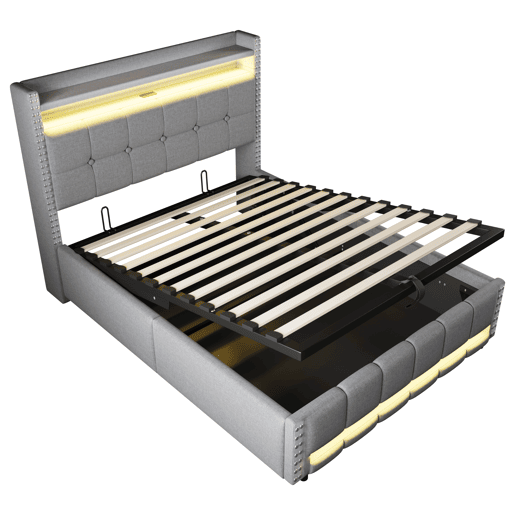 Cama estofada 140*200 - com LED, USB, cabeceira com prateleiras e arrumação, hidráulica para arrumação - Cinza Claro