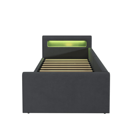 Cama infantil 90x200 cm - Com LED, luz noturna, porta USB, prateleira, armazenamento hidráulico, cama individual, para meninos e meninas, tecido de veludo - Cinza escuro