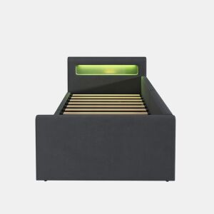 Cama infantil 90x200 cm - Com LED, luz noturna, porta USB, prateleira, armazenamento hidráulico, cama individual, para meninos e meninas, tecido de veludo - Cinza escuro
