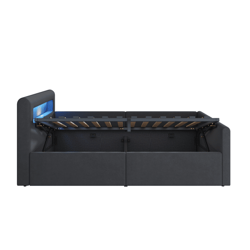 Cama infantil 90x200 cm - Com LED, luz noturna, porta USB, prateleira, armazenamento hidráulico, cama individual, para meninos e meninas, tecido de veludo - Cinza escuro