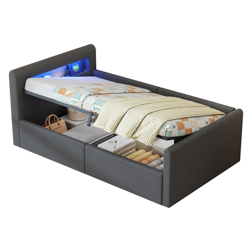 Cama infantil 90x200 cm - Com LED, luz noturna, porta USB, prateleira, armazenamento hidráulico, cama individual, para meninos e meninas, tecido de veludo - Cinza escuro