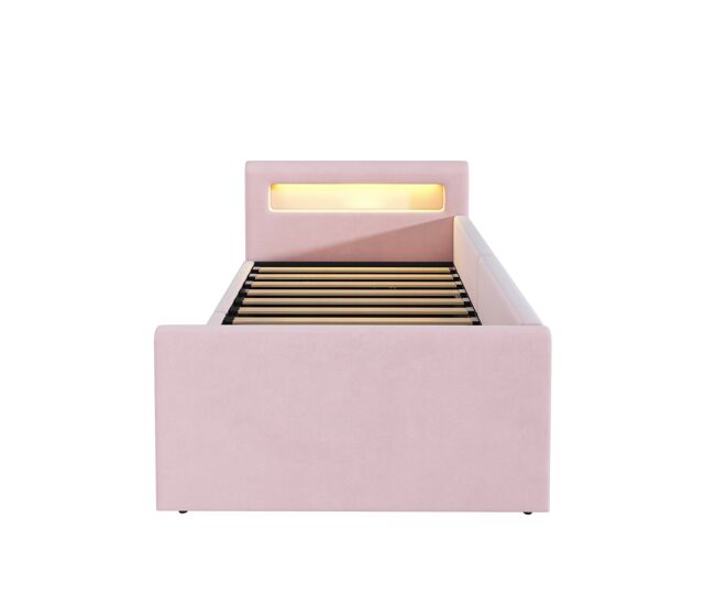 Cama infantil 90x200 cm - con led, luz nocturna, puerto usb, estante, almacenamiento hidráulico - rosa
