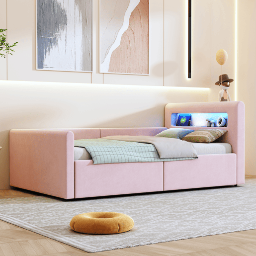Cama infantil 90x200 cm - Com LED, luz noturna, porta USB, prateleira, armazenamento hidráulico - Rosa