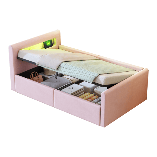 Cama infantil 90x200 cm - Com LED, luz noturna, porta USB, prateleira, armazenamento hidráulico - Rosa