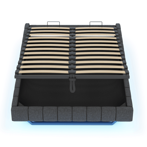 Cama estofada 160x200 cm - Estrutura flutuante hidráulica com arrumação, cama multifuncional sem cabeceira com luzes LED - Cinza
