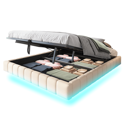 Cama estofada 160x200 cm - Estrutura flutuante hidráulica com arrumação, cama multifuncional sem cabeceira com luzes LED - Bege