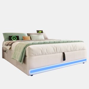 Cama estofada 140*200 cm - LED com comando à distância, USB e Type-C, armazenamento hidráulico - Bege