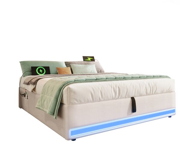 Cama tapizada 140*200 cm - led con mando a distancia, usb y type-c, almacenamiento hidráulico - beige