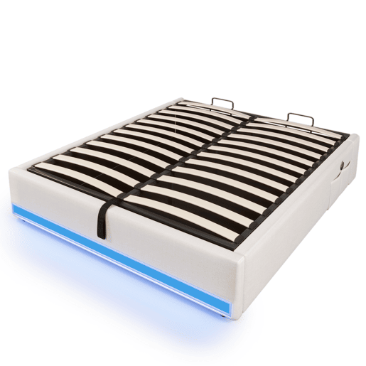 Cama estofada 140*200 cm - LED com comando à distância, USB e Type-C, armazenamento hidráulico - Bege