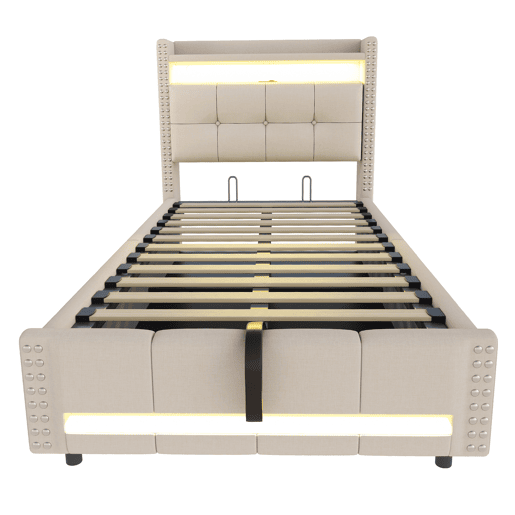 Cama infantil 90x200 - com LED, USB, cabeceira com prateleiras e arrumação, hidráulica para arrumação - Bege Cama infantil 90x200 - com LED, USB, cabeceira com prateleiras e arrumação, hidráulica para arrumação - Bege
