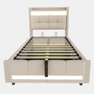Cama infantil 90x200 - com LED, USB, cabeceira com prateleiras e arrumação, hidráulica para arrumação - Bege