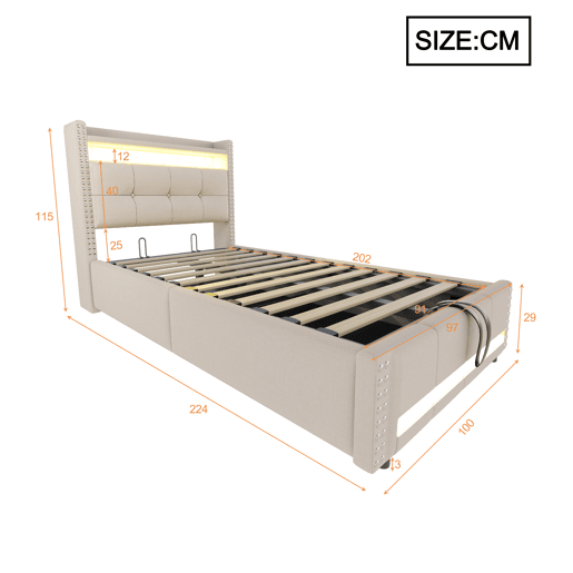 Cama infantil 90x200 - com LED, USB, cabeceira com prateleiras e arrumação, hidráulica para arrumação - Bege Cama infantil 90x200 - com LED, USB, cabeceira com prateleiras e arrumação, hidráulica para arrumação - Bege