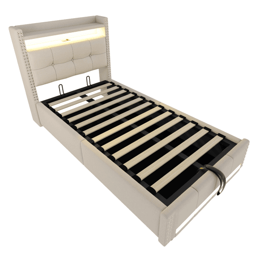 Cama infantil 90x200 - com LED, USB, cabeceira com prateleiras e arrumação, hidráulica para arrumação - Bege Cama infantil 90x200 - com LED, USB, cabeceira com prateleiras e arrumação, hidráulica para arrumação - Bege