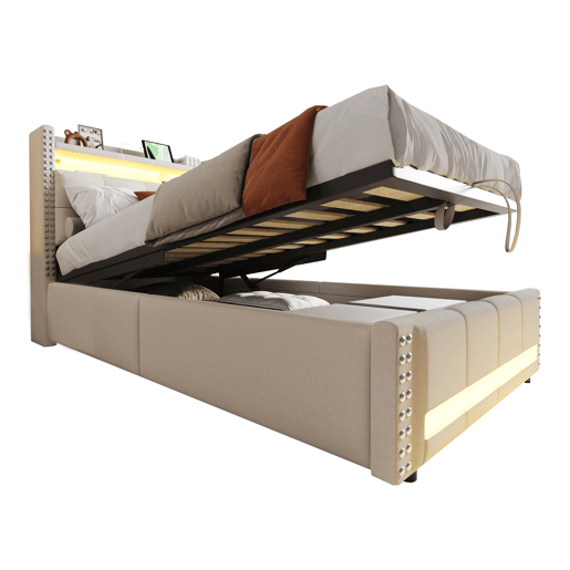 Cama infantil 90x200 - com LED, USB, cabeceira com prateleiras e arrumação, hidráulica para arrumação - Bege Cama infantil 90x200 - com LED, USB, cabeceira com prateleiras e arrumação, hidráulica para arrumação - Bege