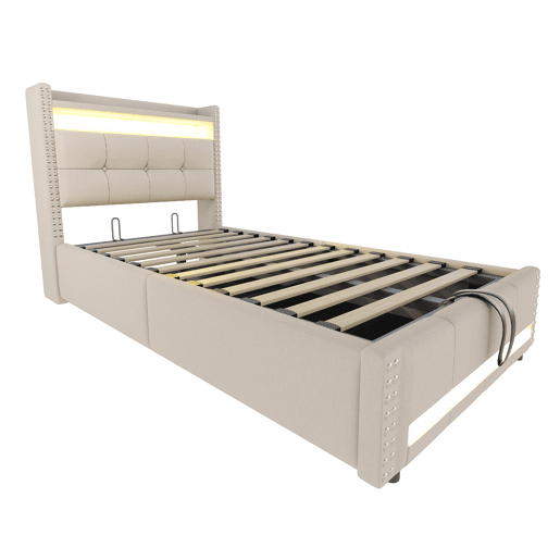 Cama infantil 90x200 - com LED, USB, cabeceira com prateleiras e arrumação, hidráulica para arrumação - Bege Cama infantil 90x200 - com LED, USB, cabeceira com prateleiras e arrumação, hidráulica para arrumação - Bege