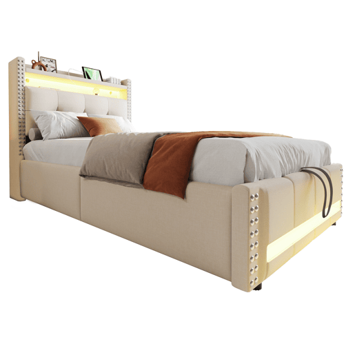 Cama infantil 90x200 - com LED, USB, cabeceira com prateleiras e arrumação, hidráulica para arrumação - Bege Cama infantil 90x200 - com LED, USB, cabeceira com prateleiras e arrumação, hidráulica para arrumação - Bege