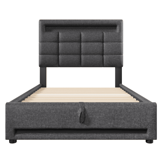 Cama estofada 90x200cm - Com comando remoto APP, com luzes LED, armazenamento hidráulico, com porta USB - Cinza