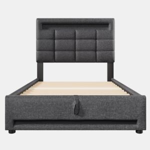 Cama estofada 90x200cm - Com comando remoto APP, com luzes LED, armazenamento hidráulico, com porta USB - Cinza