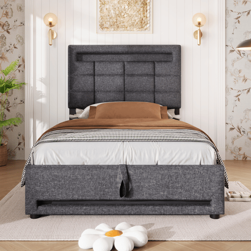 Cama estofada 90x200cm - Com comando remoto APP, com luzes LED, armazenamento hidráulico, com porta USB - Cinza